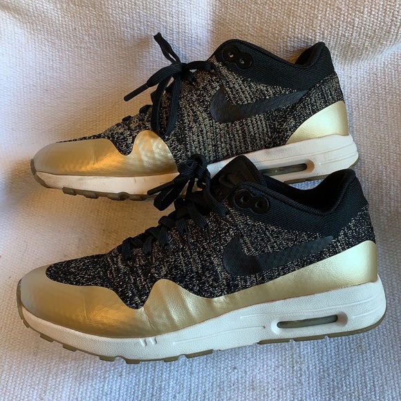Nike Air Max 1 Ultra Flyknit Metallic Gold Sneakers - Picture 1 of 14